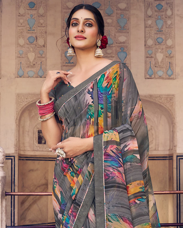 Vishal Prints Dark Grey Digital Print Georgette Saree With Fancy Border