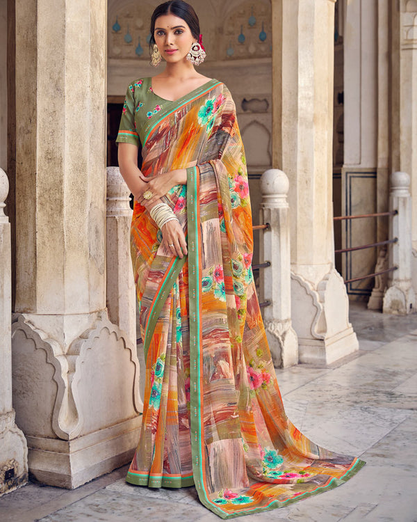 Vishal Prints Sage Green Digital Print Georgette Saree With Fancy Border