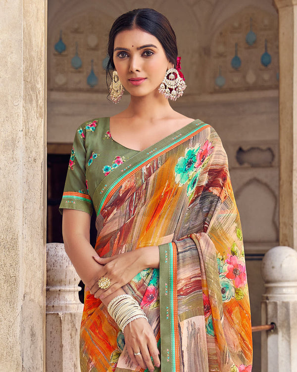 Vishal Prints Sage Green Digital Print Georgette Saree With Fancy Border