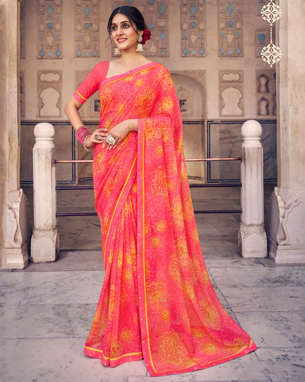 Vishal Prints Carnation Pink Digital Print Georgette Saree With Fancy Border