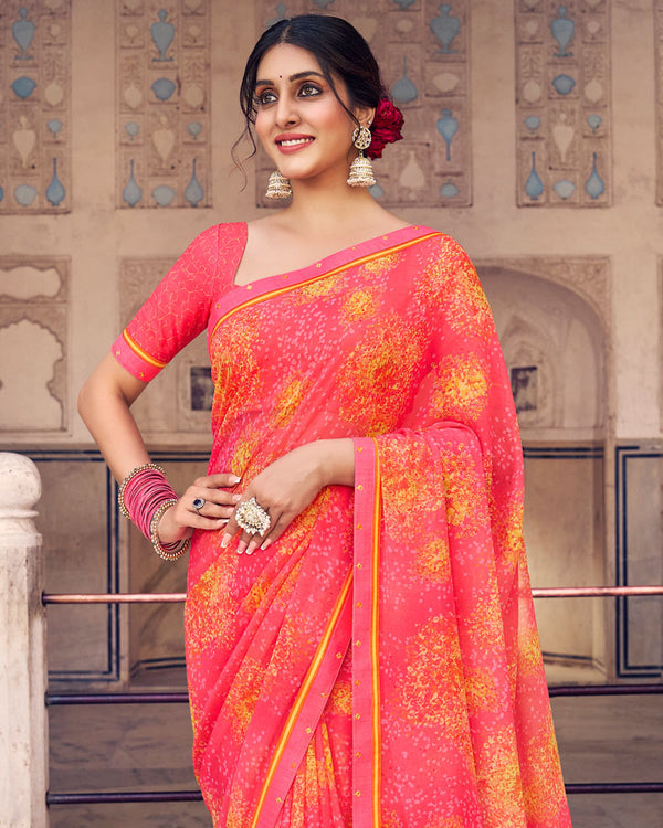 Vishal Prints Carnation Pink Digital Print Georgette Saree With Fancy Border