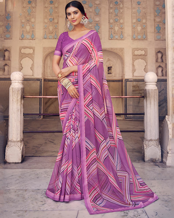 Vishal Prints Bouquet Violet Digital Print Georgette Saree With Fancy Border