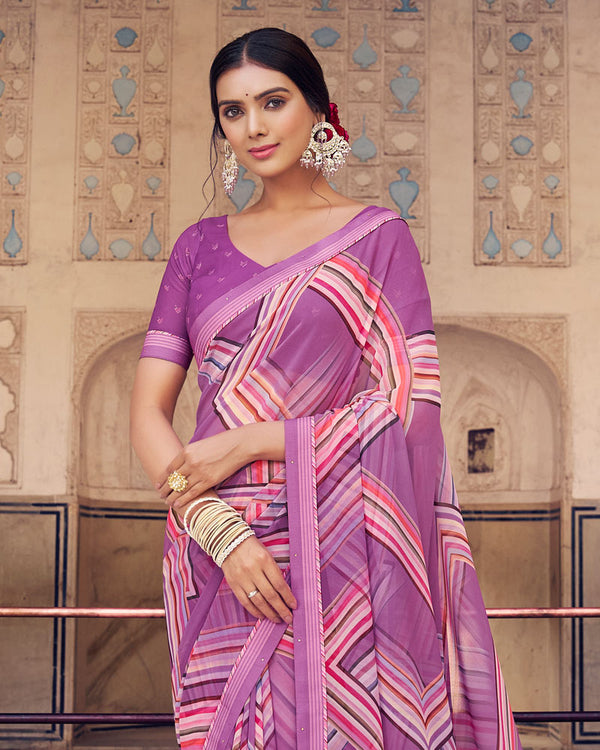 Vishal Prints Bouquet Violet Digital Print Georgette Saree With Fancy Border