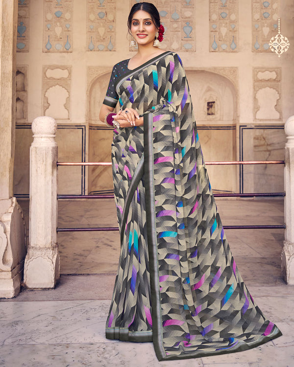 Vishal Prints Dark Grey Digital Print Georgette Saree With Fancy Border