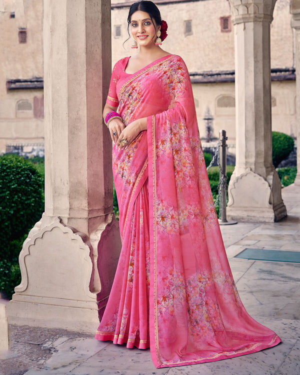 Vishal Prints Cherry Pink Digital Print Georgette Saree With Fancy Border