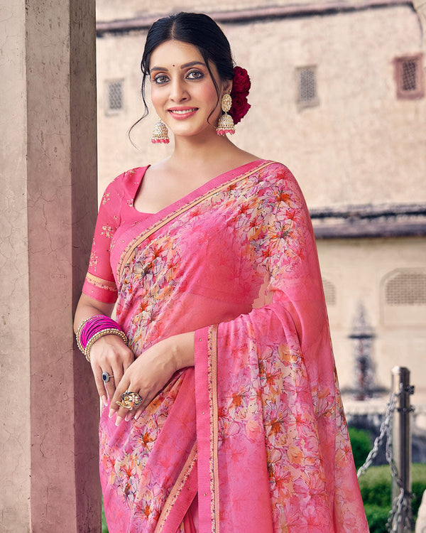 Vishal Prints Cherry Pink Digital Print Georgette Saree With Fancy Border