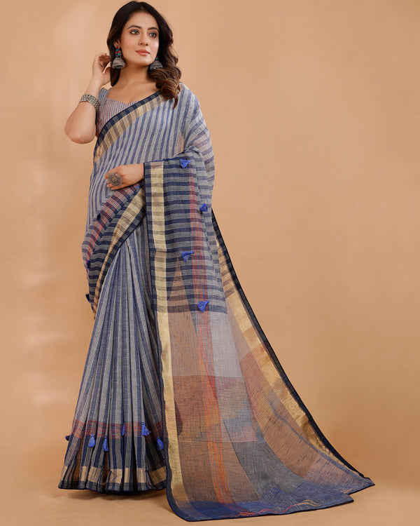 Vishal Prints Ash Grey Designer Jute Saree With Fancy Border And Tassel