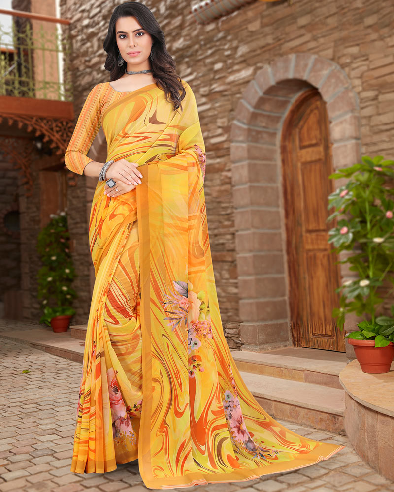 Vishal Prints Dark Yellow Digital Print Georgette Saree