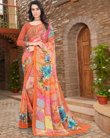 Vishal Prints Dark Orange Digital Print Georgette Saree