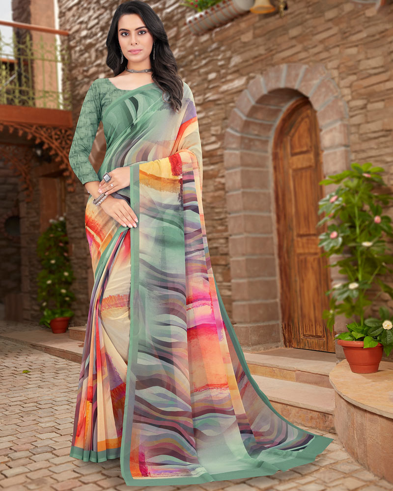 Vishal Prints Turquoise Green Digital Print Georgette Saree