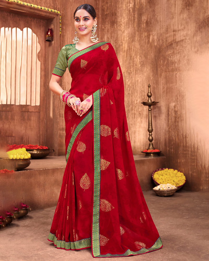 Vishal Prints Lava Red Chiffon Saree With Foil Print And Zari Border