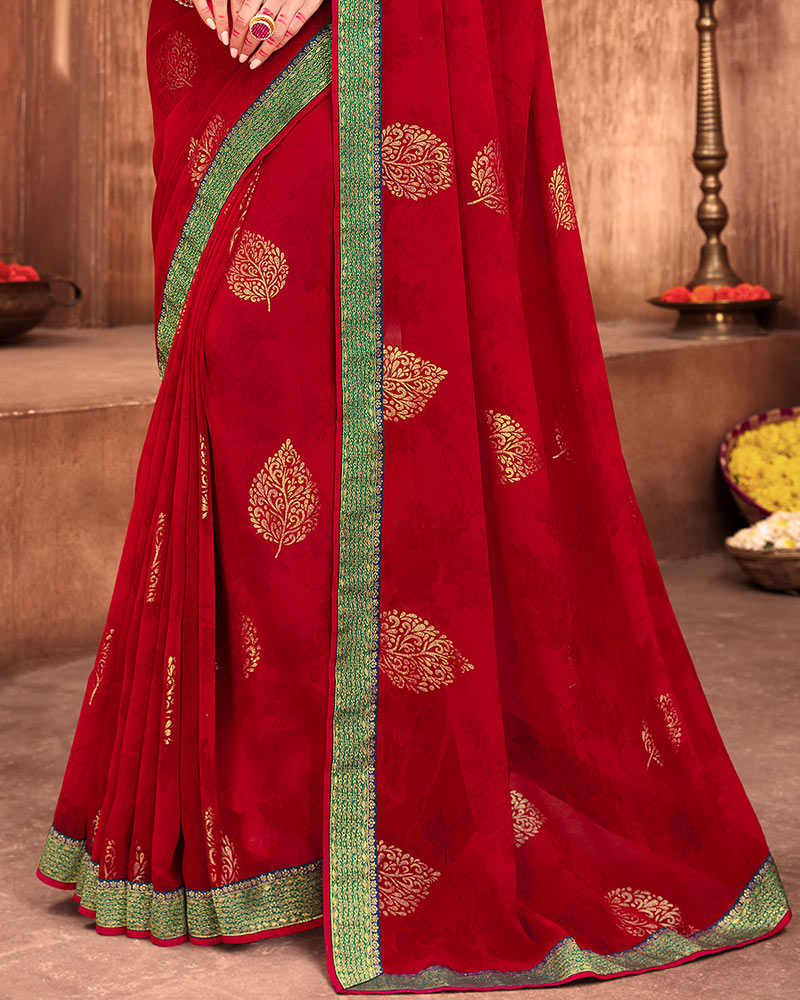 Vishal Prints Lava Red Chiffon Saree With Foil Print And Zari Border