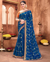 Vishal Prints Blue Chiffon Saree With Foil Print And Zari Border