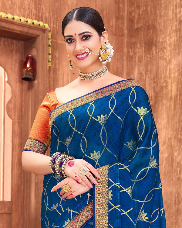 Vishal Prints Blue Chiffon Saree With Foil Print And Zari Border