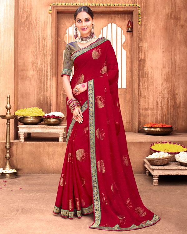 Vishal Prints Wine Red Chiffon Saree With Foil Print And Zari Border