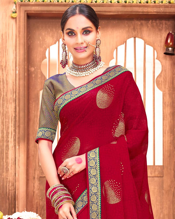 Vishal Prints Wine Red Chiffon Saree With Foil Print And Zari Border