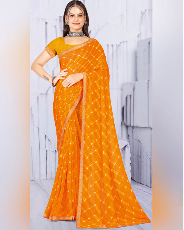 Vishal Prints Yellowish Orange Printed Georgette Saree With Diamond Work And Zari Border