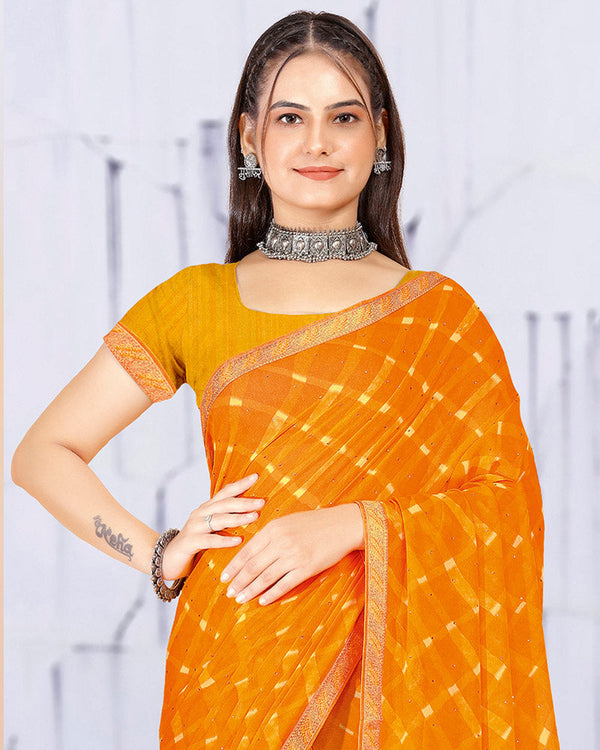 Vishal Prints Yellowish Orange Printed Georgette Saree With Diamond Work And Zari Border