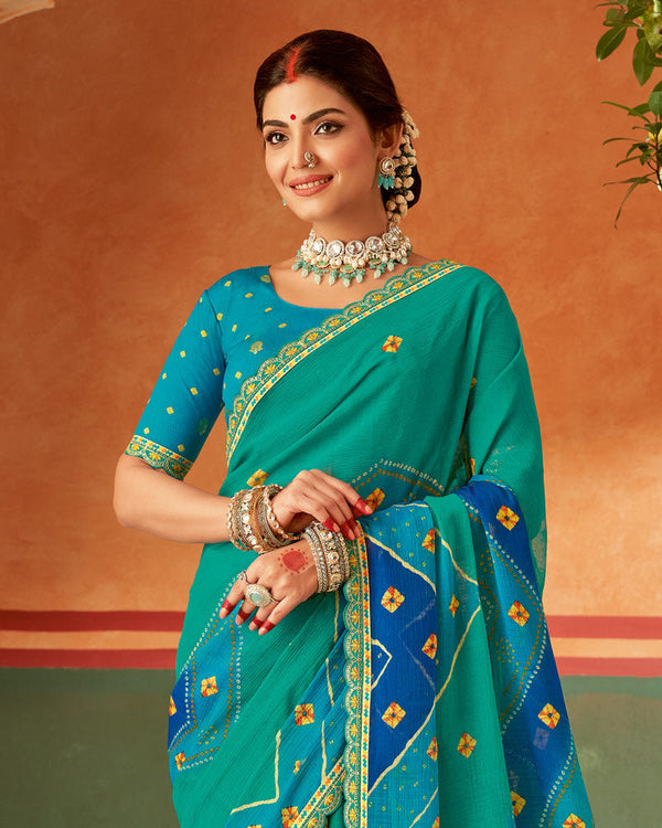 Vishal Prints Aqua Green Printed Chiffon Saree With Fancy Cut Work Embroidery Border