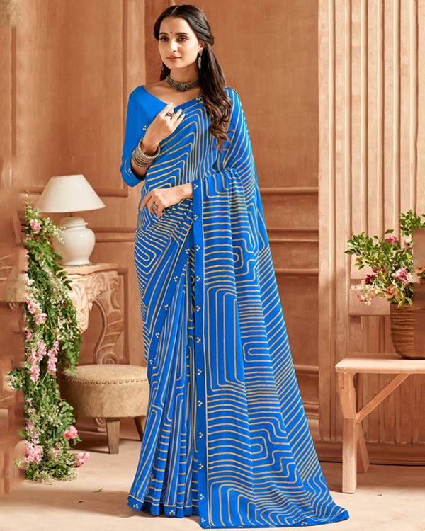 Vishal Prints Endeavour Blue Printed Georgette Saree With Fancy Border