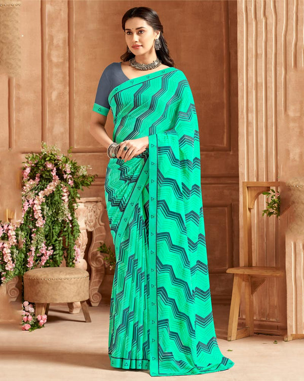 Vishal Prints Aqua Green Printed Georgette Saree With Fancy Border