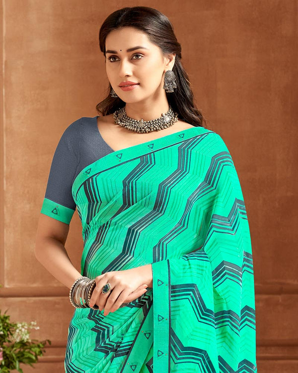 Vishal Prints Aqua Green Printed Georgette Saree With Fancy Border