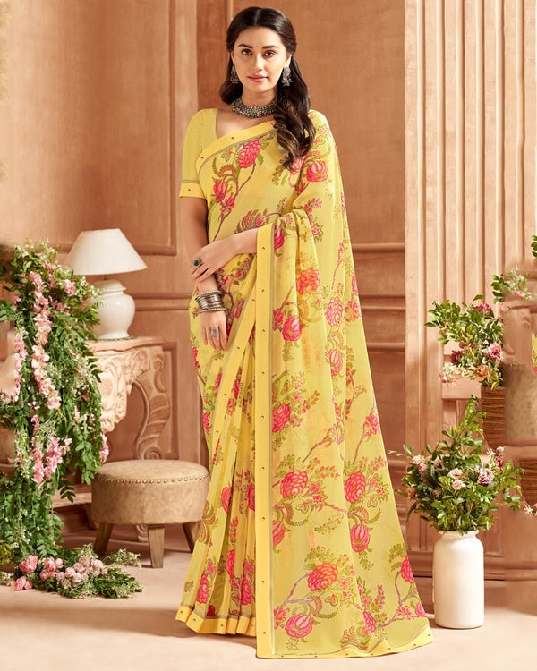 Vishal Prints Light Yellow Printed Georgette Saree With Fancy Border