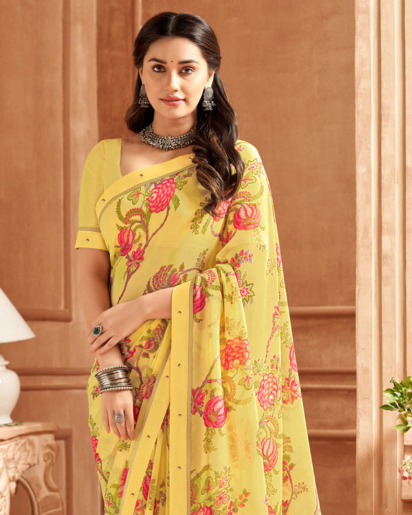 Vishal Prints Light Yellow Printed Georgette Saree With Fancy Border