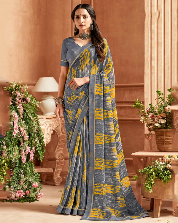 Vishal Prints Shuttle Grey Printed Georgette Saree With Fancy Border