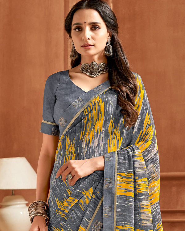 Vishal Prints Shuttle Grey Printed Georgette Saree With Fancy Border