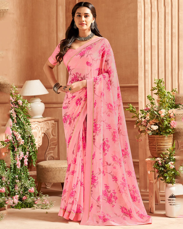 Vishal Prints Sea Pink Printed Georgette Saree With Fancy Border