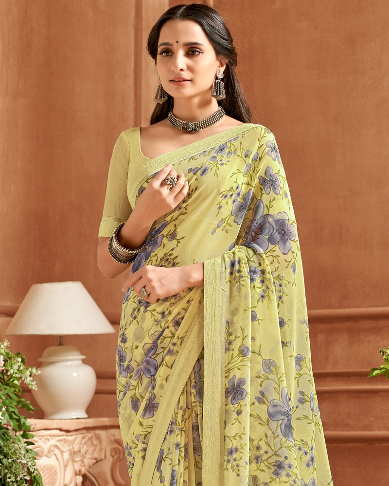 Vishal Prints Laser Yellow Printed Georgette Saree With Fancy Border