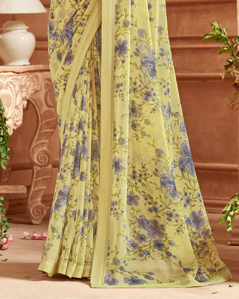 Vishal Prints Laser Yellow Printed Georgette Saree With Fancy Border