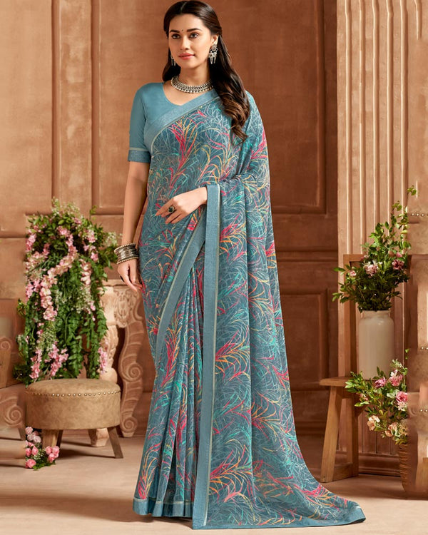 Vishal Prints Breaker Bay Blue Printed Georgette Saree With Fancy Border