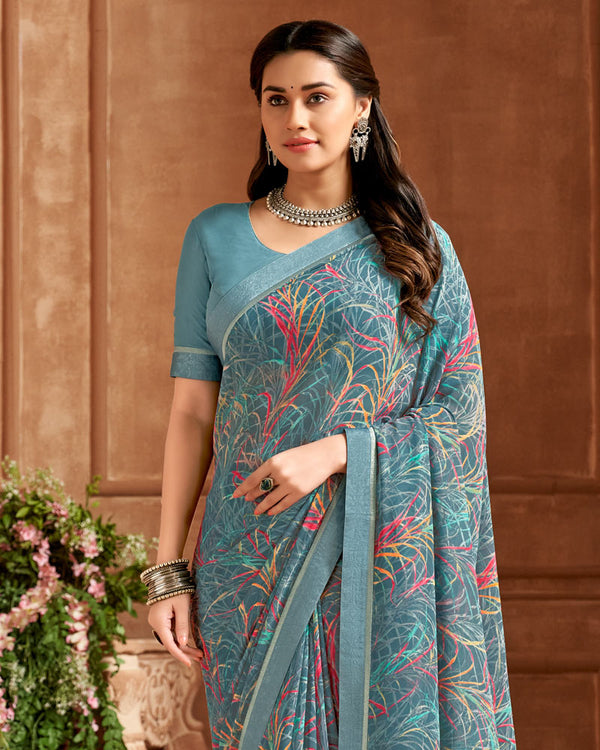 Vishal Prints Breaker Bay Blue Printed Georgette Saree With Fancy Border