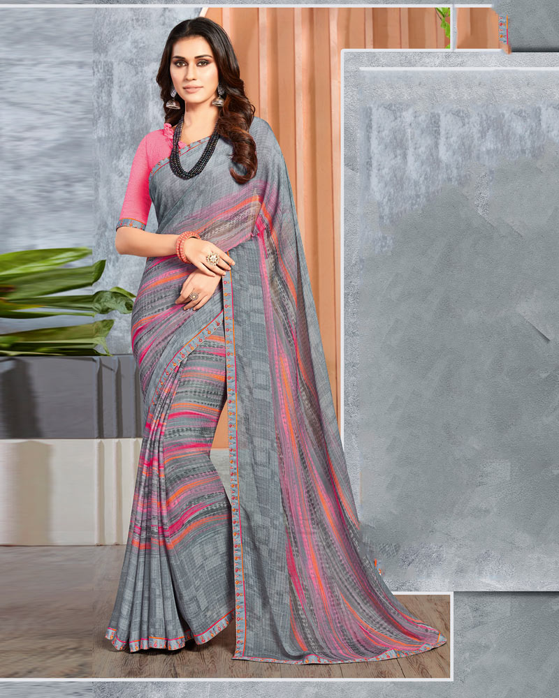 Vishal Prints Ash Grey Printed Chiffon Saree With Fancy Border