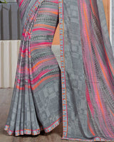 Vishal Prints Ash Grey Printed Chiffon Saree With Fancy Border