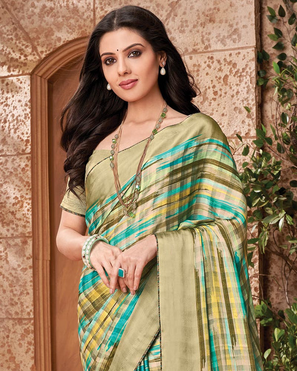 Vishal Prints Beige Printed Fancy Chiffon Saree With Core Piping