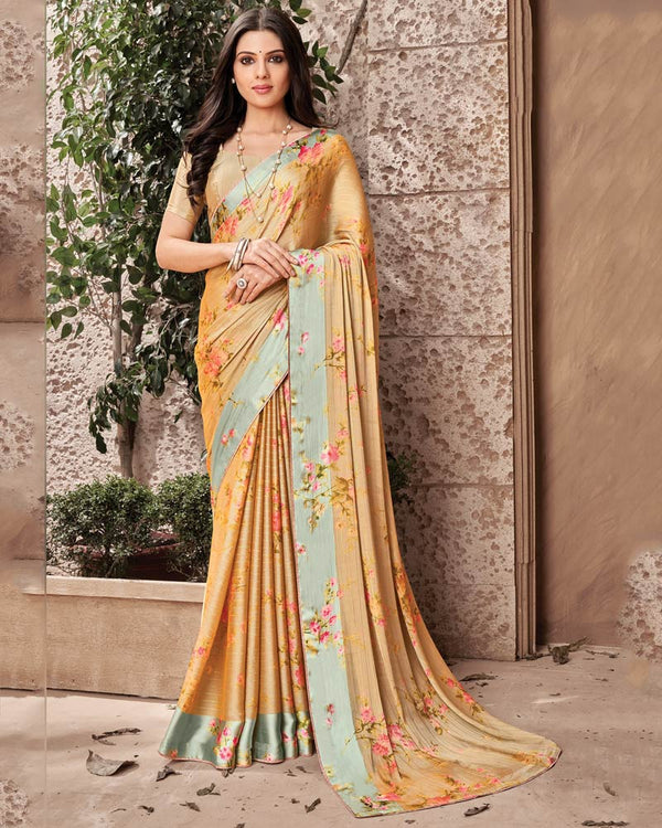 Vishal Prints Sand Brown Printed Fancy Chiffon Saree With Core Piping