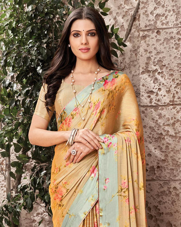 Vishal Prints Sand Brown Printed Fancy Chiffon Saree With Core Piping