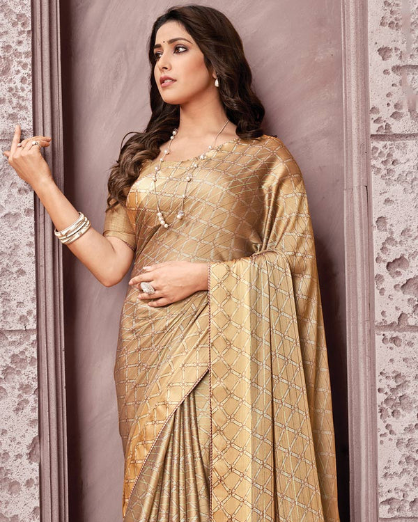 Vishal Prints Sand Brown Printed Fancy Chiffon Saree With Core Piping