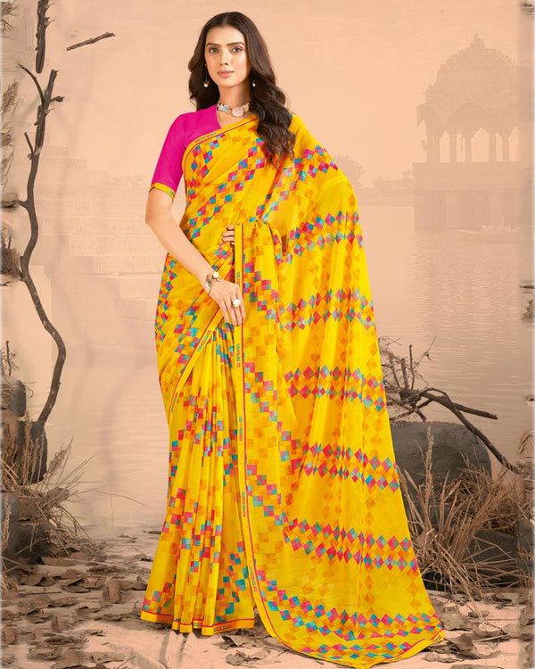 Vishal Prints Sunflower Yellow Printed Chiffon Saree With Fancy Border