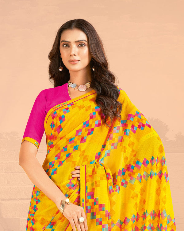 Vishal Prints Sunflower Yellow Printed Chiffon Saree With Fancy Border