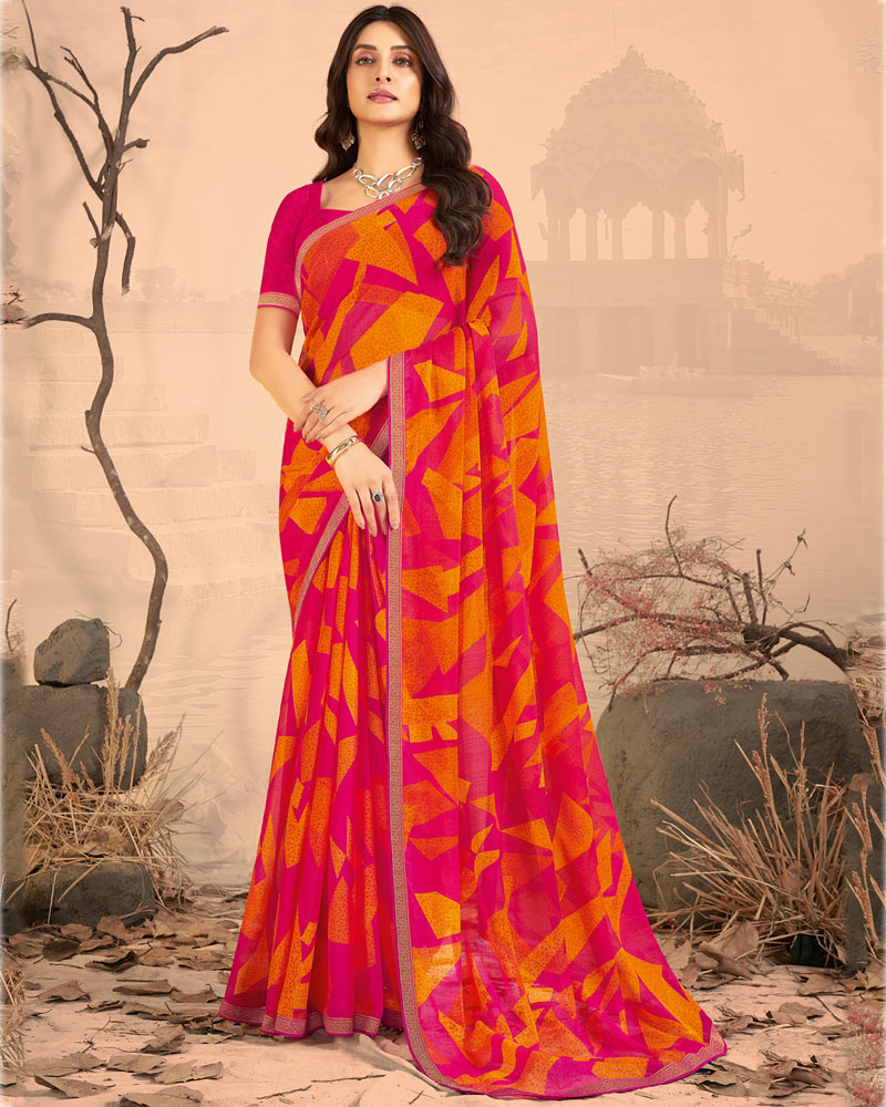 Vishal Prints Lipstick Pink Printed Chiffon Saree With Fancy Border