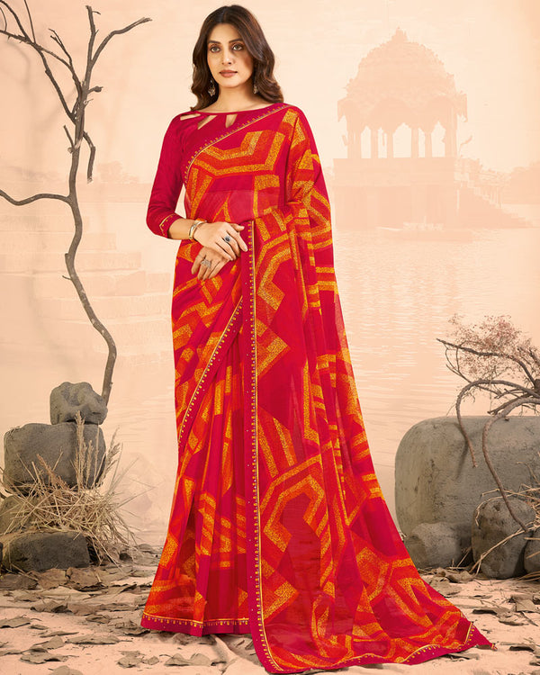 Vishal Prints Dark Red Printed Chiffon Saree With Fancy Border