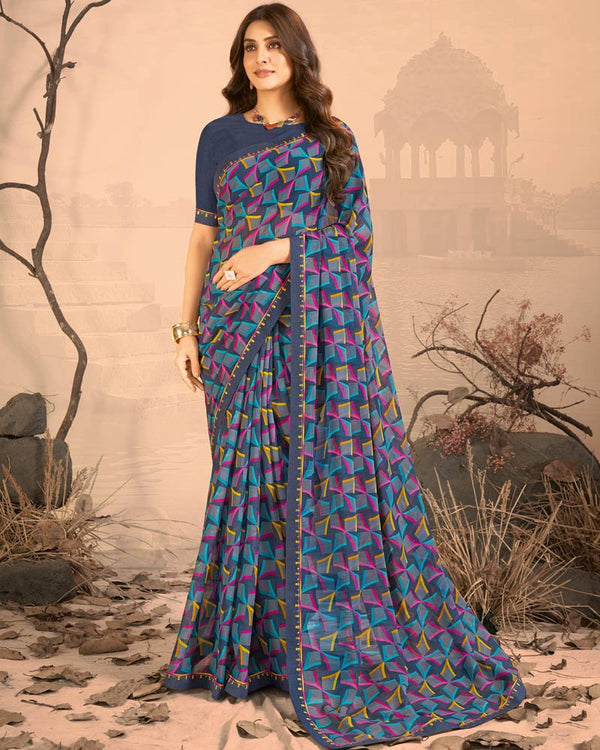 Vishal Prints Slate Grey Printed Chiffon Saree With Fancy Border