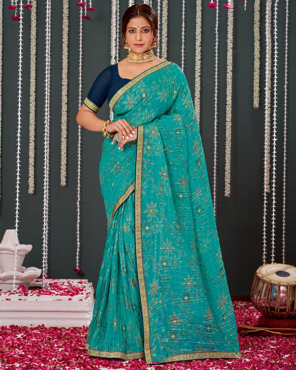 Vishal Prints Teal Blue Crushed Brasso Saree With Foil Print And Zari Border