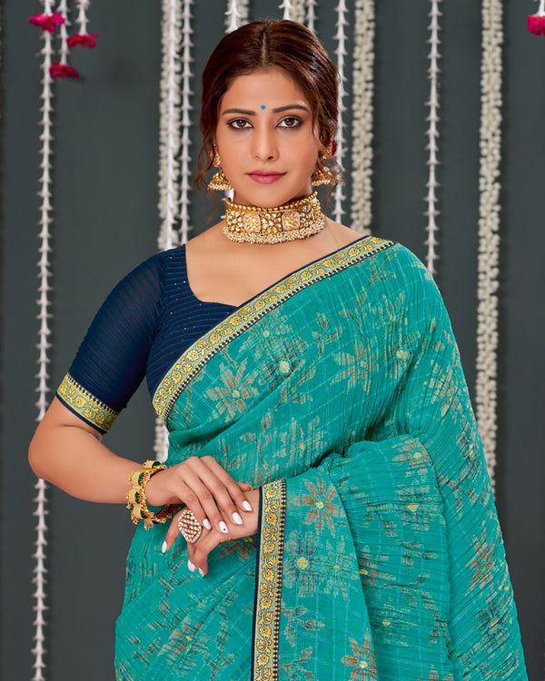 Vishal Prints Teal Blue Crushed Brasso Saree With Foil Print And Zari Border