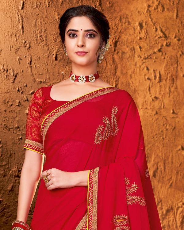 Vishal Prints Cherry Red Designer Chiffon Saree With Embroidery And Diamond Work