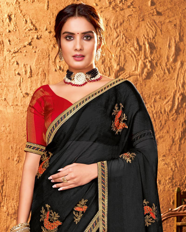 Vishal Prints Black Designer Chiffon Saree With Embroidery And Diamond Work